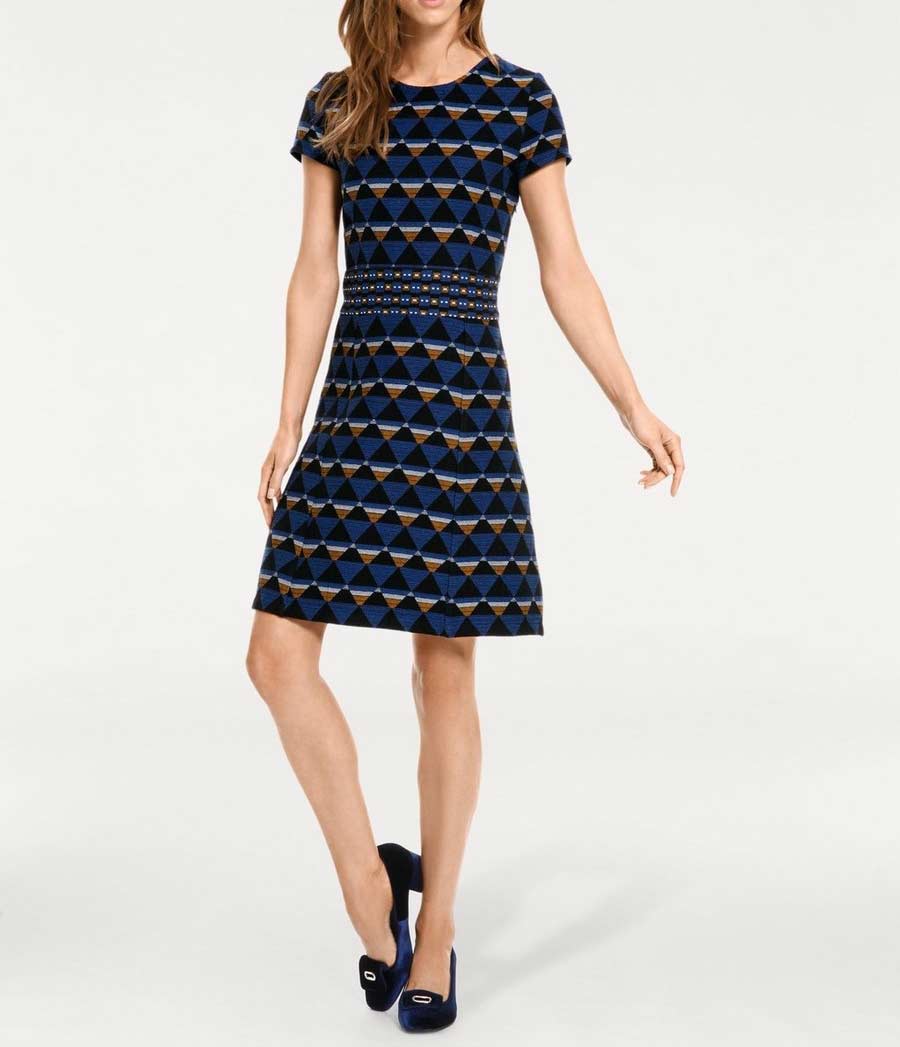 003.038a PATRIZIA DINI Damen Designer-Jacquardkleid Blau-Bunt Shift Minikleid Dress