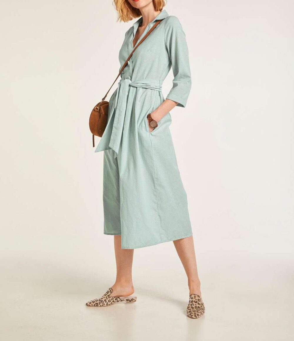 wadenlange kleider für besondere anlässe HEINE Damen Designer-Leinenkleid Bindegürtel Sommerkleid Midikleid Pastell Mint 520.532 missforty