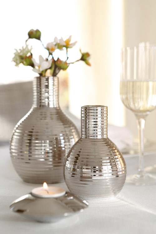 000000012438 Vase Porzellan Silber Tischdeko Blumenvase MALA Streifen Höhe16 cm 12 cm