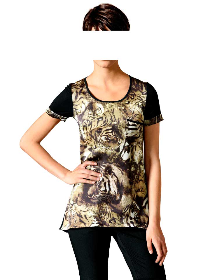 002.726 MANDARIN Damen-Animalprint-Shirt Schwarz-Goldfarben