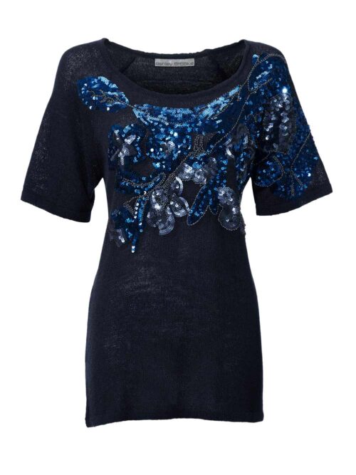 ASHLEY BROOKE Damen Designer-Paillettenpullover Nachtblau Halbarm Pullover Blau Missforty