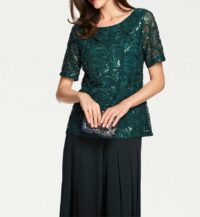 009.276 ASHLEY BROOKE Damen Designer-Spitzen-Paillettenshirt Smaragd