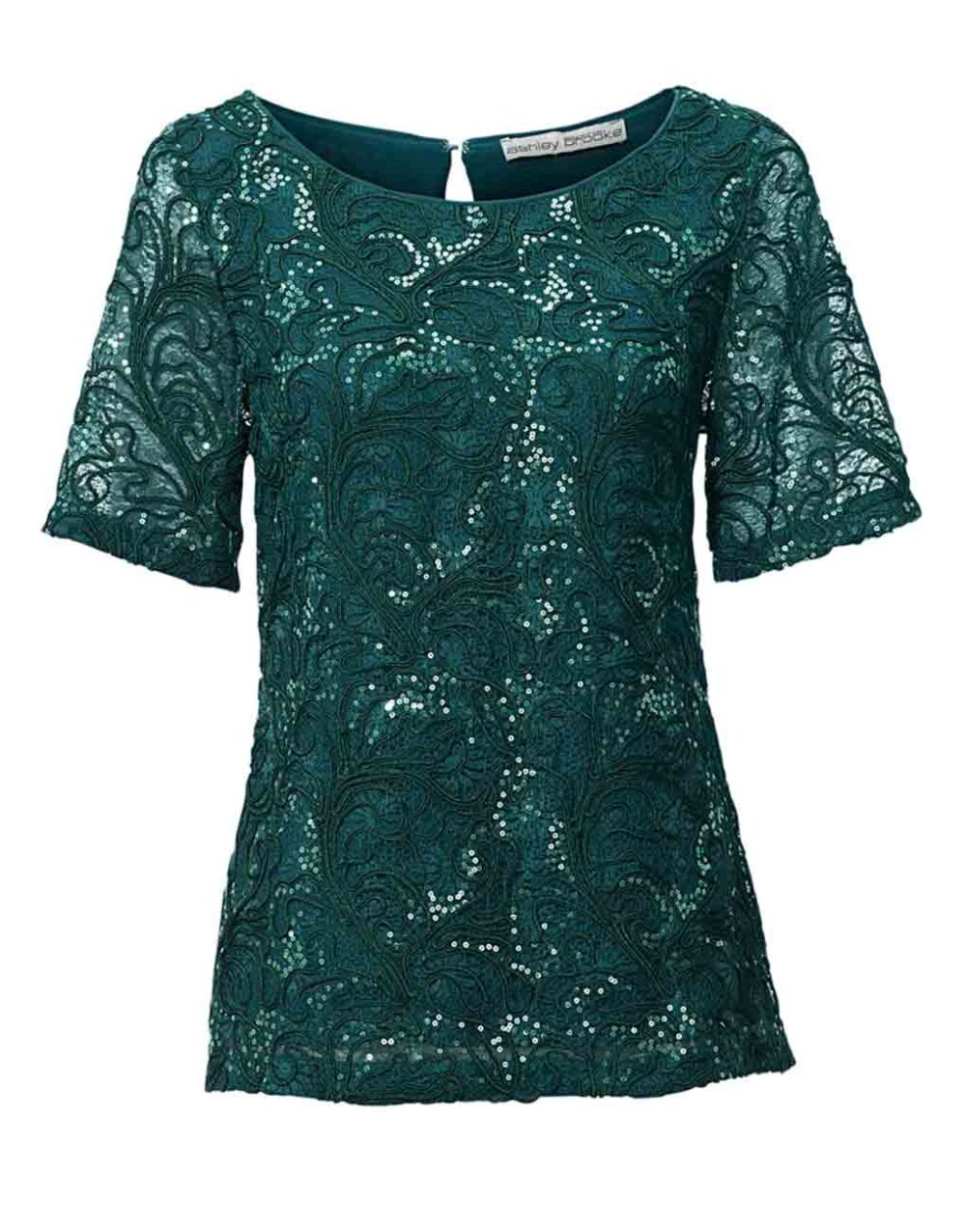 009.276 ASHLEY BROOKE Damen Designer-Spitzen-Paillettenshirt Smaragd