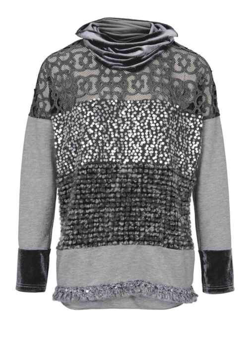 sweatshirts auf rechnung HEINE Damen Sweatshirt mit Samtschal 36 Pullover Bestickt elegant Festlich Grau 234.395 MISSFORTY