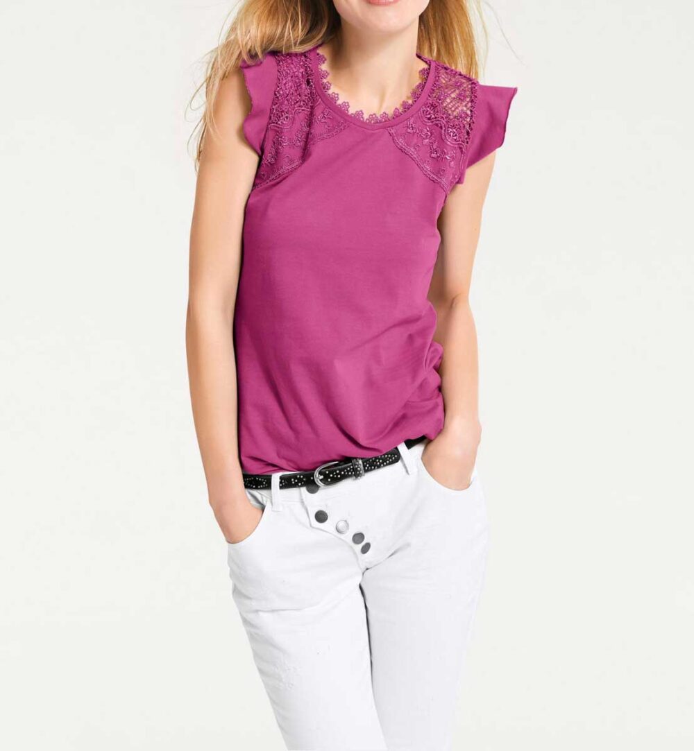 256.815 HEINE Damen Designer-Jerseyshirt m. Häkelspitze Pink