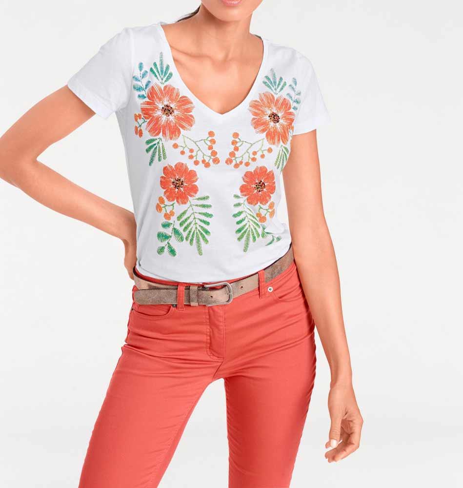455.303 Damen Shirt Kurzarm weiß Halbarm V Ausschnitt Sommer T Shirt bestickt Blumen neu