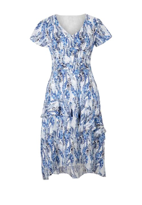 Ashley Brooke Damen Kleid Seidenkleid mit Volants,weiß-blau missforty