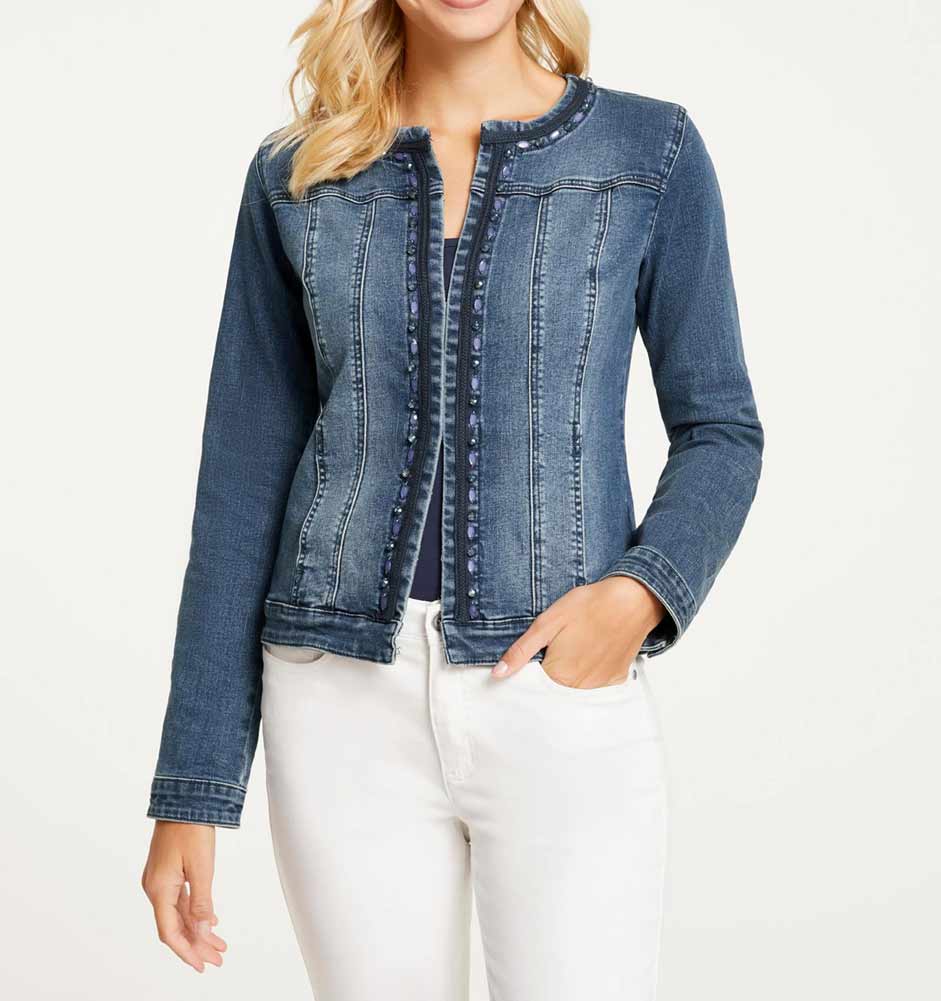 Jeansjacke Damen Denim Jacke mit Perlen Jeans Blazer sportlich elegant blau used #missforty#