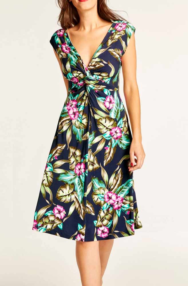 Damen Kleid Sommerkleid ärmellos Jerseykleid Druckkleid marine bunt Blumen Print missforty