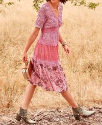 Heine Damen Kleid knielang figurumspielend Druckkleid mit Spitze pink bunt missforty