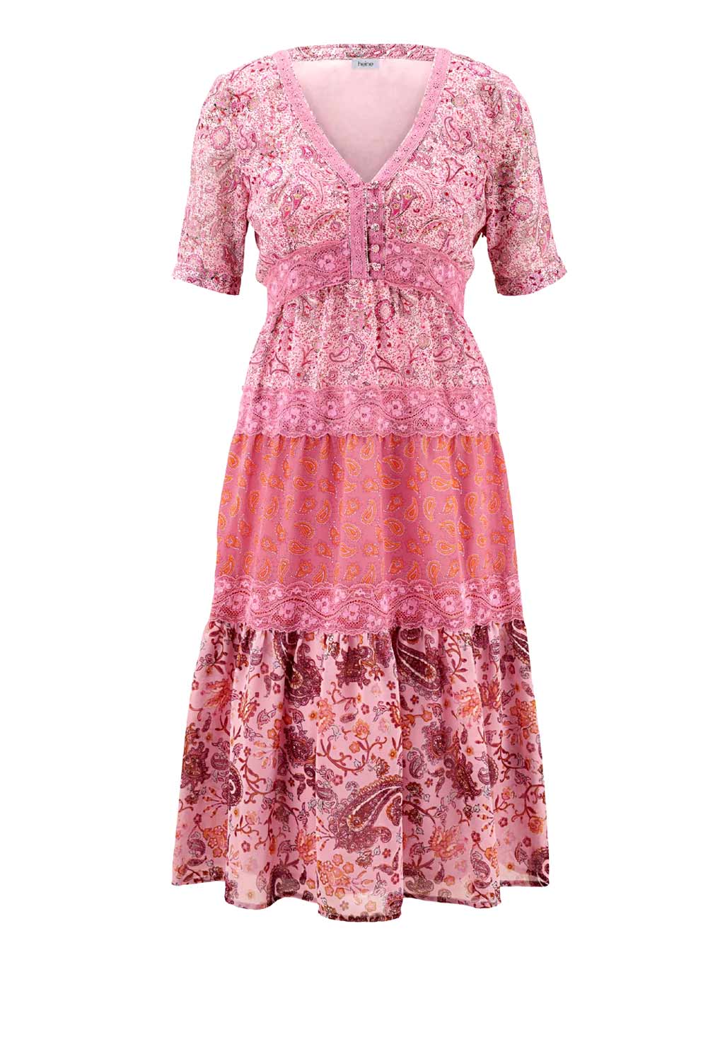 Heine Damen Kleid knielang figurumspielend Druckkleid mit Spitze pink bunt missforty