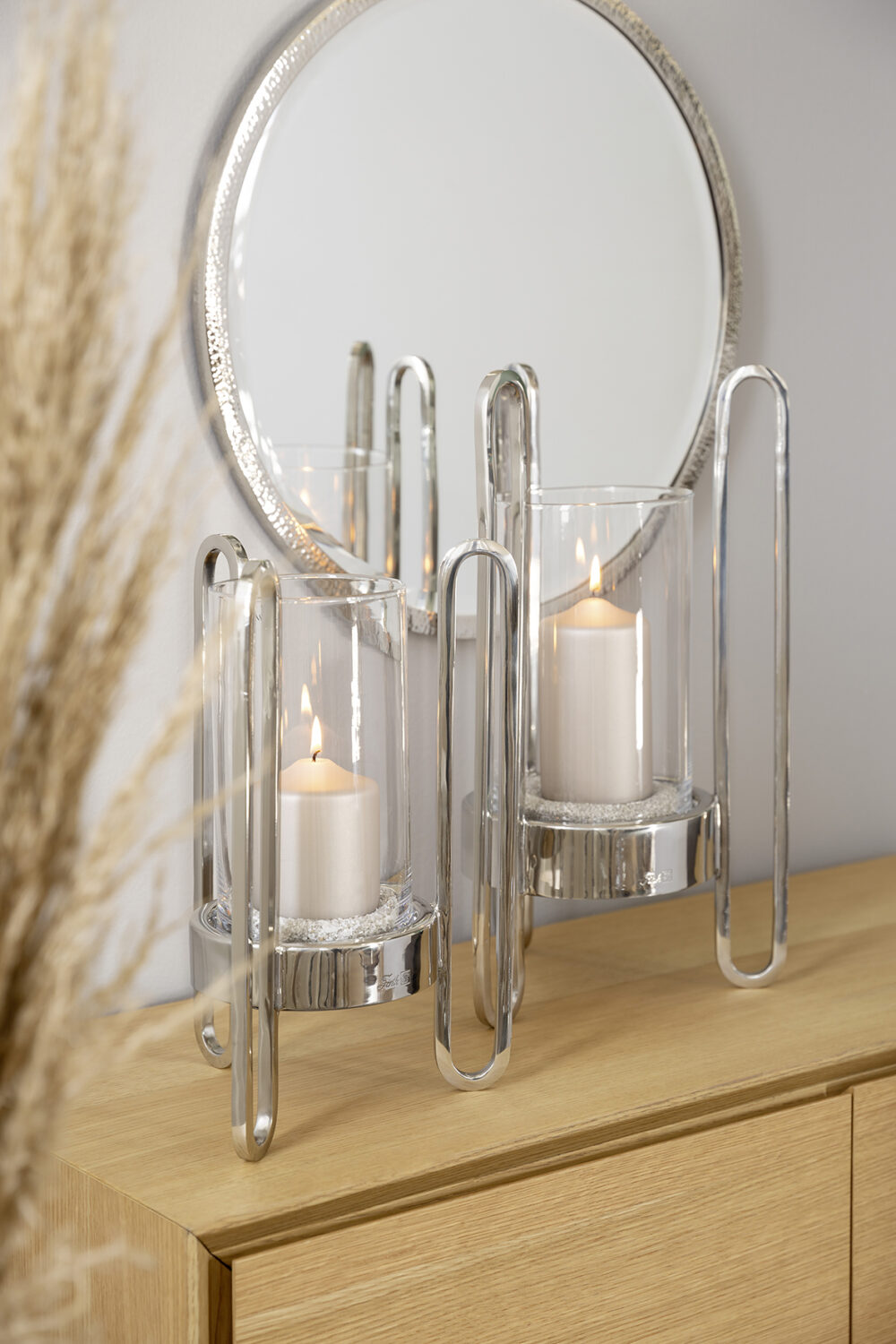 146178 Windlicht Glas Kerzenhalter Kerzenständer Stumpenkerze CHALI silber 45 cm Fink