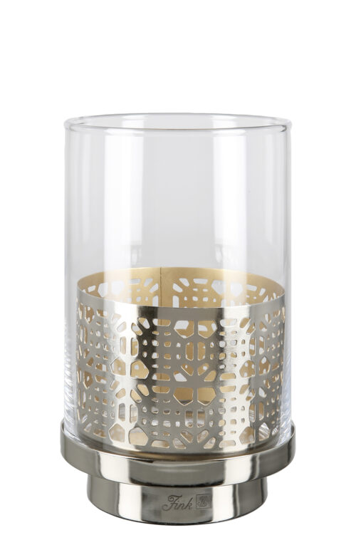 146182 Windlicht Glas Kerzenhalter Kerzenständer Stumpenkerze BIALA silber 20 cm Fink