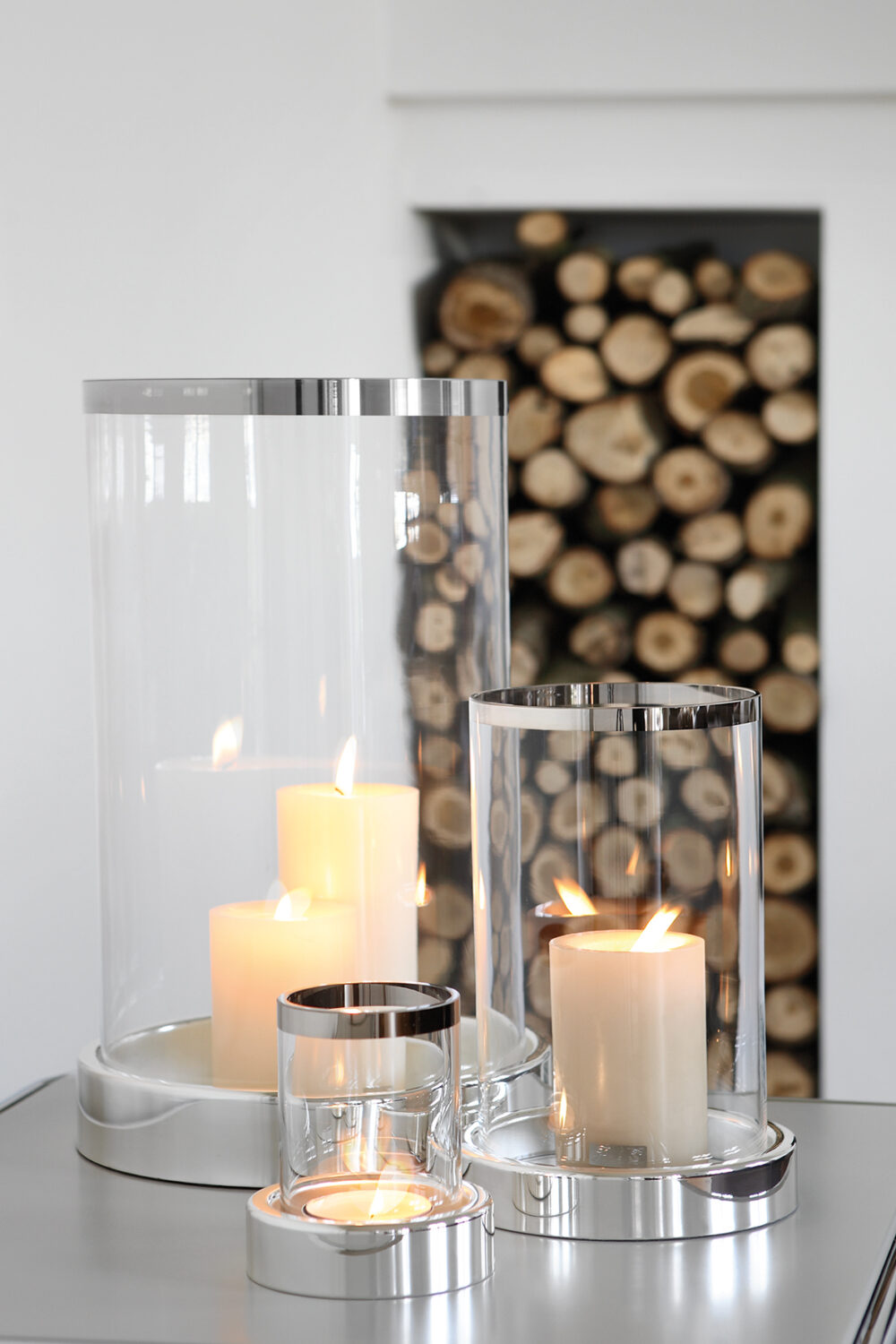 158426 Windlicht Glas Kerzenhalter Kerzenständer Stumpenkerze Empire silber 28 cm Fink