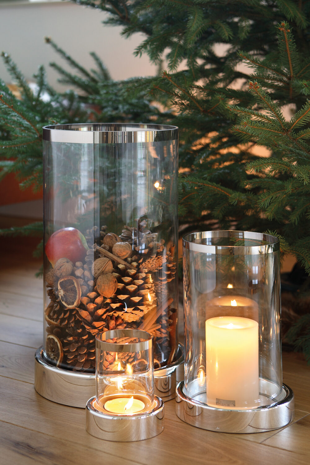 158426 Windlicht Glas Kerzenhalter Kerzenständer Stumpenkerze Empire silber 28 cm Fink