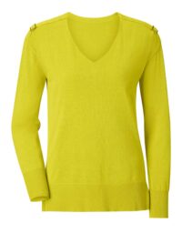 Pullover Feinstrick Strickpullover gelb grün V-Ausschnitt Missforty