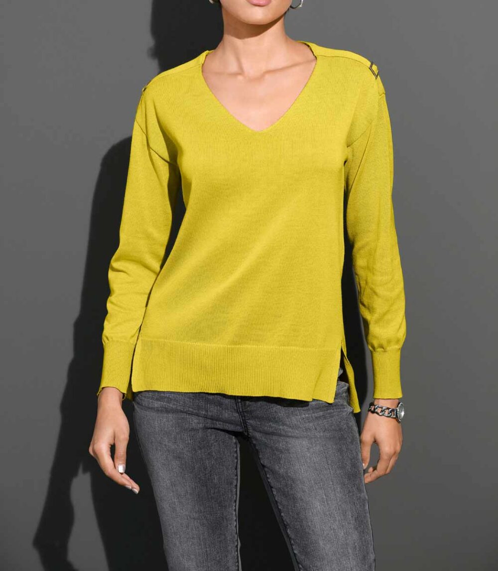 Pullover Feinstrick Strickpullover gelb grün V-Ausschnitt Missforty