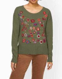 Damen Pullover mit Blumenstickerei, khaki Missforty
