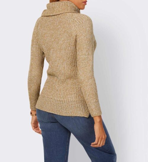 Rollkragen-Rippenstrickpullover, camel-ecru-meliert Missforty