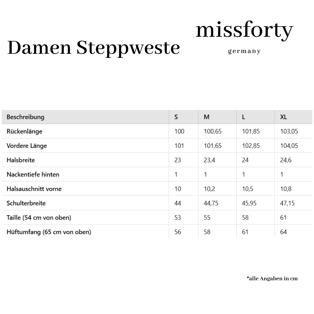 steppweste masstabelle 2